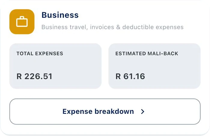 Mali-X Business card: total expenses R 226.51, estimated Mali-back R 61.16