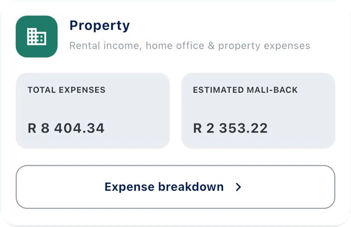 Mali-X Property card: total expenses R 8 404.34, estimated Mali-back R 2 353.22
