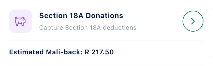 Section 18A donations: estimated Mali-back R 217.50