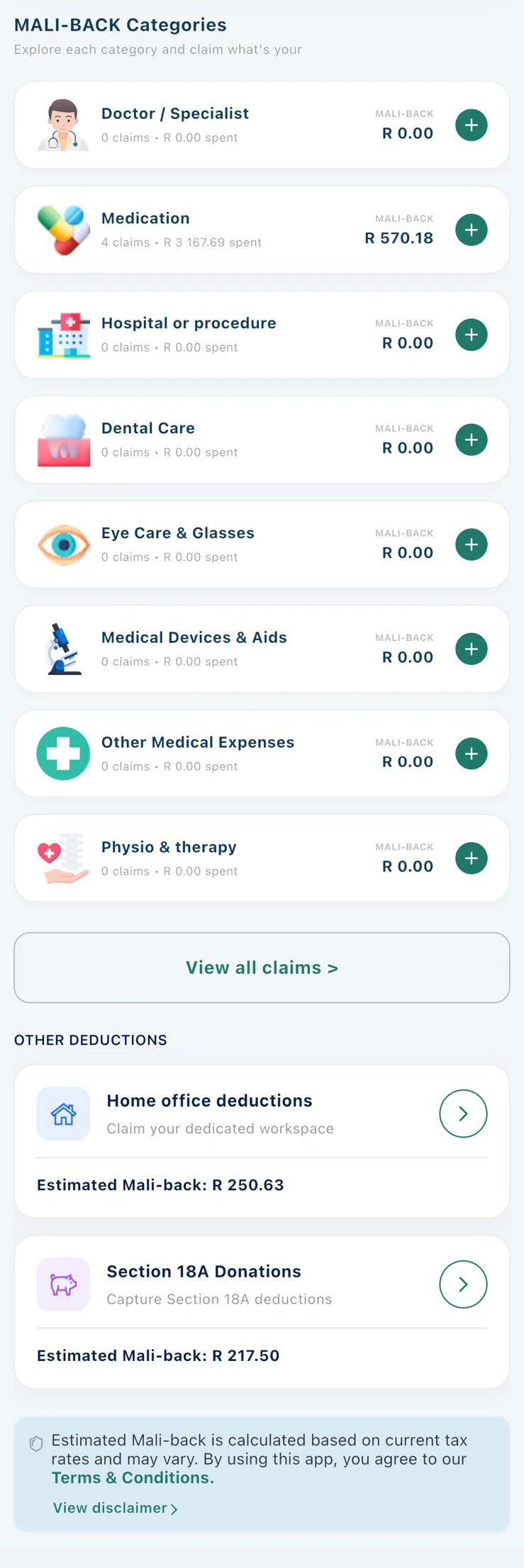 Mali-X Individual screen: Mali-back categories for doctor, medication, hospital, dental, eye care, medical devices, other medical and physio, plus home office and Section 18A donation deductions.
